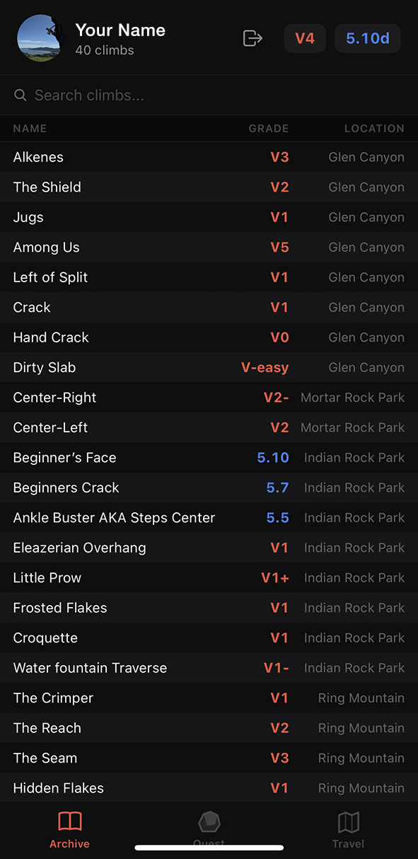 Digital Climbing Book app screenshot